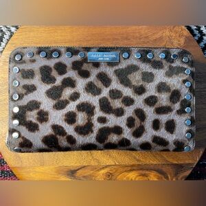 HENRI BENDEL Gray Leopard Print CalfHair Studded Zip Around Wallet